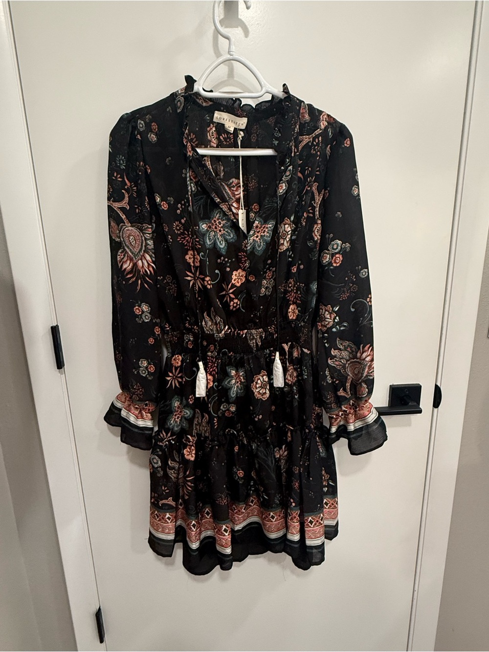 Lovestitch Black Floral Mini Fit & Flare Dress Long Bell Sleeve Size M Boho